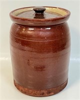 GREAT ANTIQUE NOVA SCOTIA REDWARE CROCK W LID