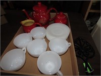 Milk glass cups & saucers, rooster tea pot.