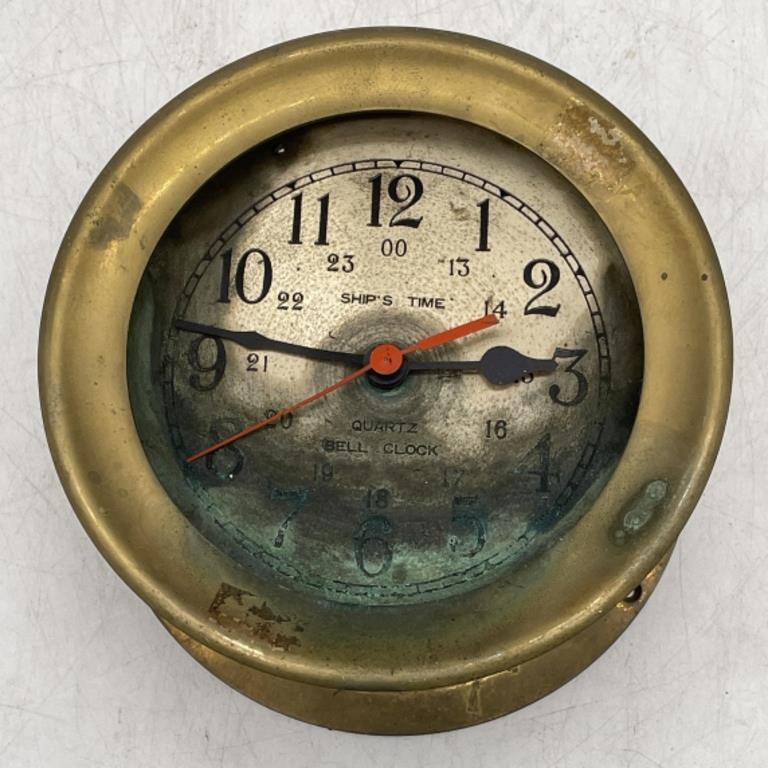 (JL) Vintage Brass Ship’s Time Clock 7 1/4”