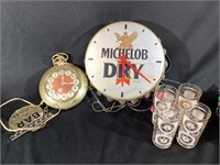 BEER CLOCKS AND GLASSES
