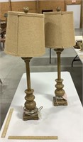 2 wooden lamps w/ shades-approx 29.75 in tall