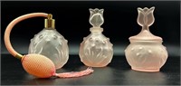 3 Vintage Pink Satin Perfume Atomizers