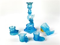 Blue Glass Dolphin Candle Stick & 4 Match Holders
