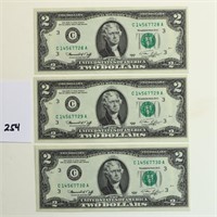 Lot of Three $2 Bills 1976 with Sequential Serial