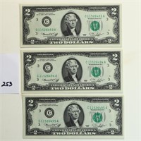 Lot of Three $2 Bills 1976 with Sequential Serial