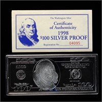 1998 $100 Franklin Silver Bar Proof 4 Troy Oz of .