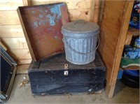 Wooden box, metal trash can, copper tray