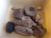 box of unique rocks and petrified wood