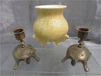 Yellow Clay Pot & Brass Turtle Candle Holders