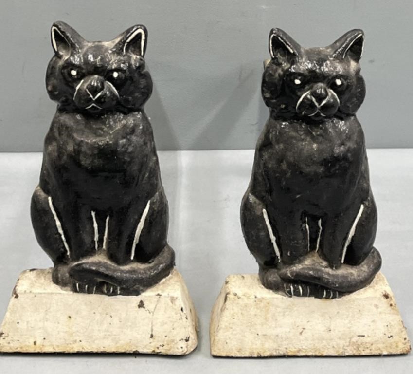 Pair Cast Iron Painted Cat Andirons