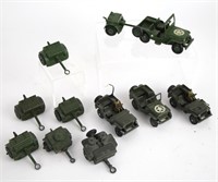 LOT OF DINKY ARMY JEEPS AND TRAILERS