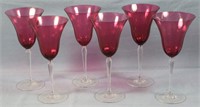 (6) Cranberry Glass Goblets w/ Clear Stems
