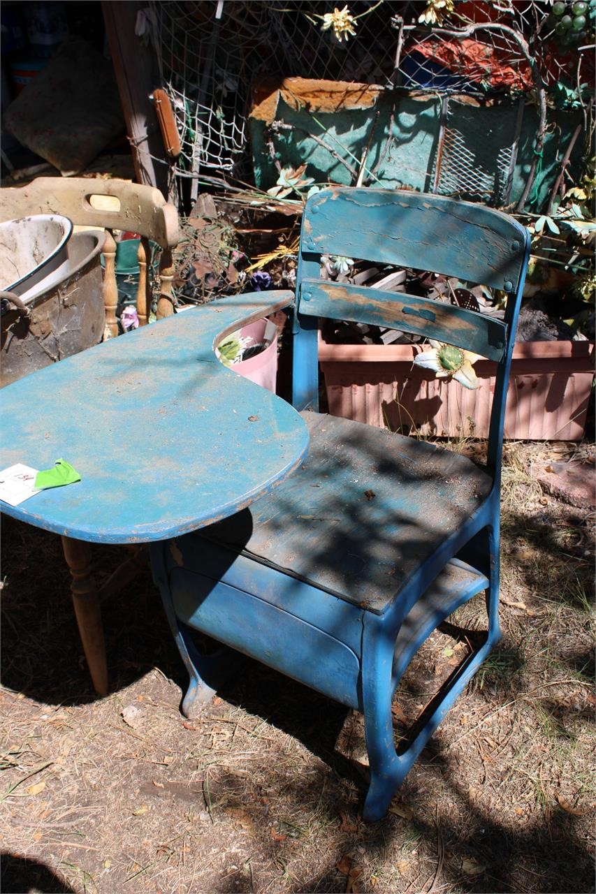 Vintage School Desk, Project Chair and metal tubs