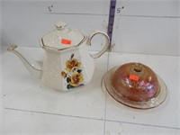 Carnival glass butter dish and tea pot