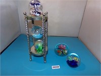 Glass art paperweights w/repurposed display stand