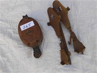 wooden pulley, old ice skates