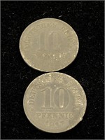Pair of Antique 10 Pfennig - 1917, 1918 Coins
