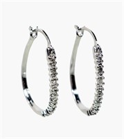 10K White gold pave diamond hoop earrings