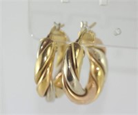 Three tone 9ct gold hoop earrings