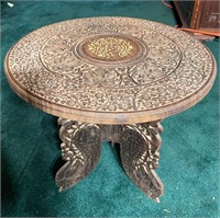 Vintage Hand Carved Wood Table with Inlay