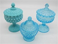 LOT OF FENTON HOBNAIL CANDY JARS, 3 PC. CLEAN