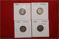 (4) Indian Head Pennies  1862 to 1868 Mix