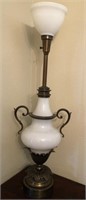 F - VINTAGE WHITE GLASS & METAL TABLE LAMP 38"T