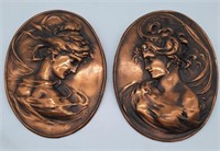 (H) 2 Vintage Woman Art Noveau Copper Plaques