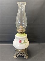 Vtg. Handpainted Cast & brass footed oil lamp 18"