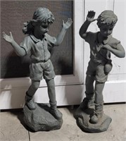 2 resin children garden statues