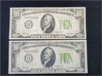 2 - 1934 $10 Federal Reserve Green Seals