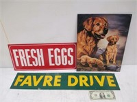 3 Signs/Displays - Favre Drive, Fresh Eggs, Dogs