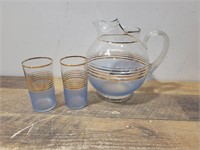 Vtg.Gold Band Water Pitcher w/2 glasses