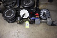 Assorted hand weights and hand roller wheels
