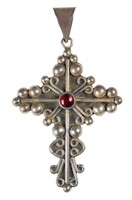 Sterling Silver Cross & Red Gemstone Pendant
