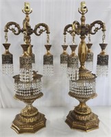 Pair of Hollywood Regency Brass And Crystal Lamps