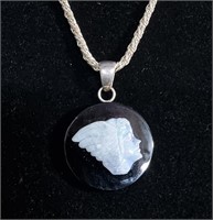 STERLING ONYX & OPAL CAMEO PENDANT WITH NECKLACE