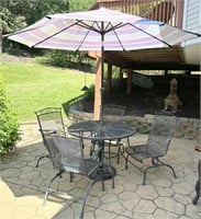 Wrought Iron Table, Chairs & Umbrella Stand - Ck