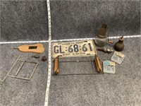 Old License Plate, Nut Chopper, and Hardware