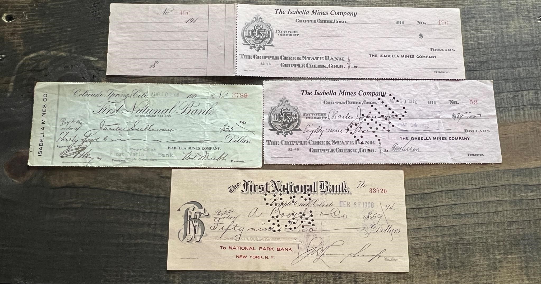 4 Issued/Cashed Cripple Creek Checks 1908 and 1912