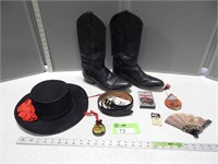 Cowboy boots; see photos for size, belt, hat, smal