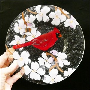 9" Fused Art Glass Cardinal & Flower Plate