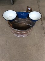 Antique Wooden Bucket And Enamel Bowls