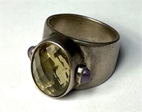Massive Lady's Sterling Citrine Amethyst Ring