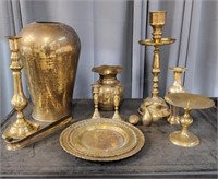 J3 13pc Brass: Candlesticks, platters, Vases,