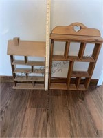 2 wooden wall display shelves