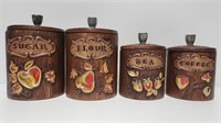 (4) Vtg Treasure Craft Ceramic Wood-Look Canisters