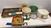 Vintage kitchen, apple slicer/peeler, crock