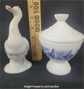 Vintage Milk Glass Dish and NAO Lladro Duck
