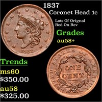 1837 Coronet Head Large Cent 1c Grades Choice AU/B